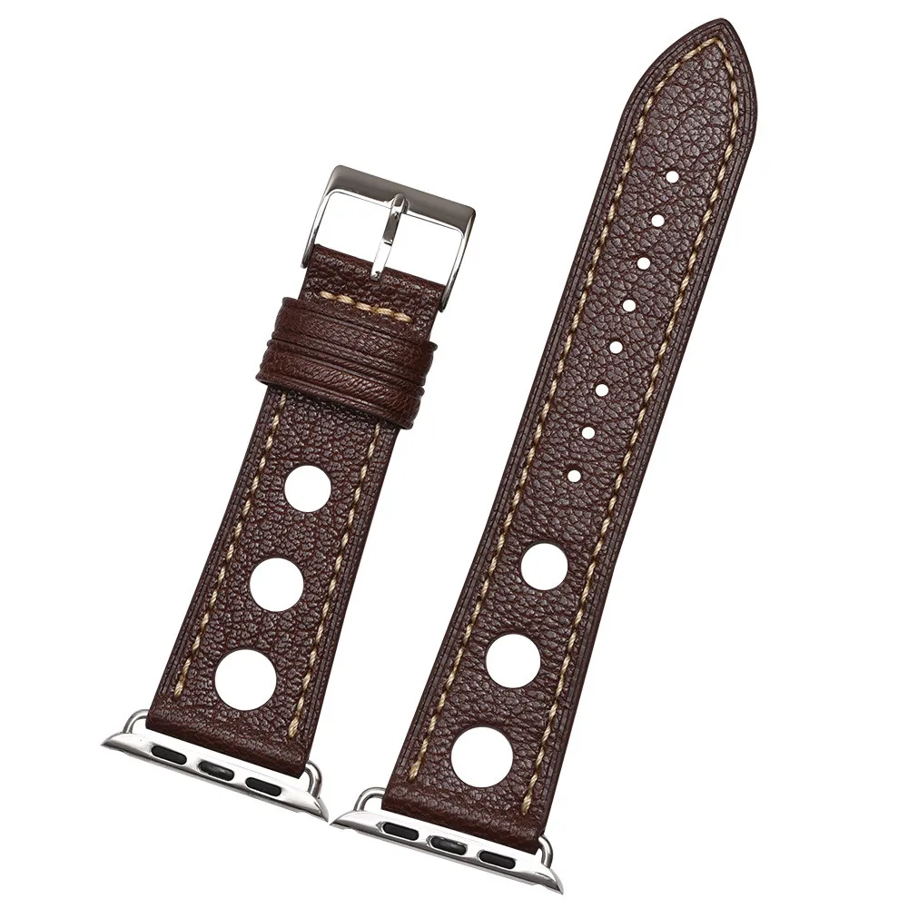 BEAFIRY Hole Design Leather Wristband For Apple Watch band 4 44mm for iwatch Strap 42mm Brown Black for men women Watchband - Цвет ремешка: sheep brown