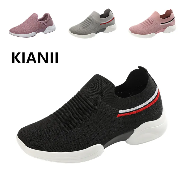 

KIANII Women's breathable elastic flying knit running shoes casual slip-on sneakers Lightweight soft training shoes for dancers