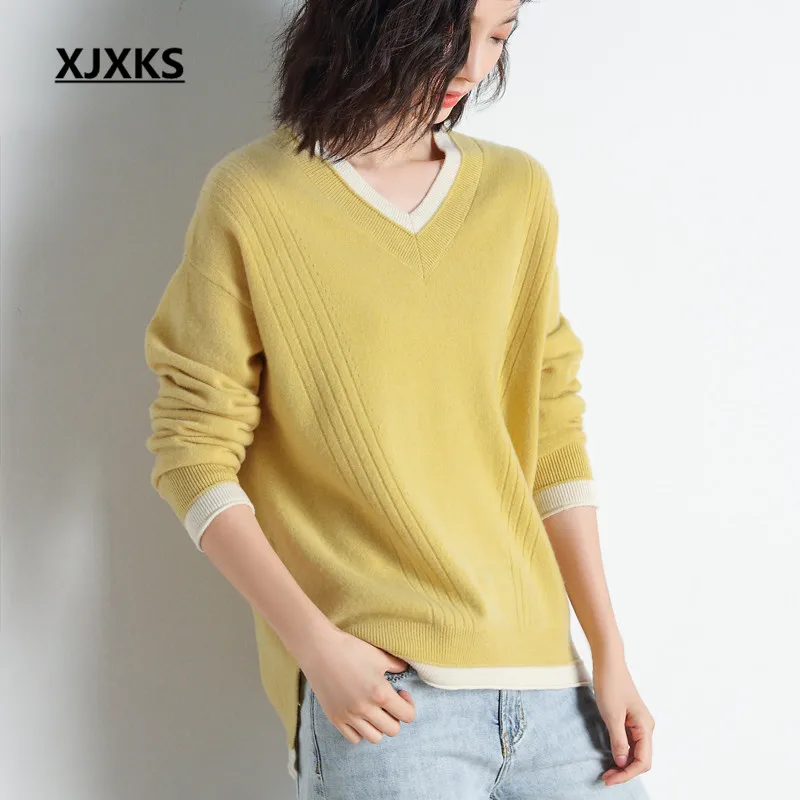 XJXKS Fashion V-neck splicing sweater women pullover autumn winter new large size high-end wool women knitted sweater