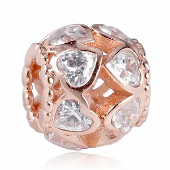 

Authentic 925 Sterling Silver Bead Charm Openwrk Rose Love Heart Bonds With Crystal Beads Fit Bracelet DIY Jewelry