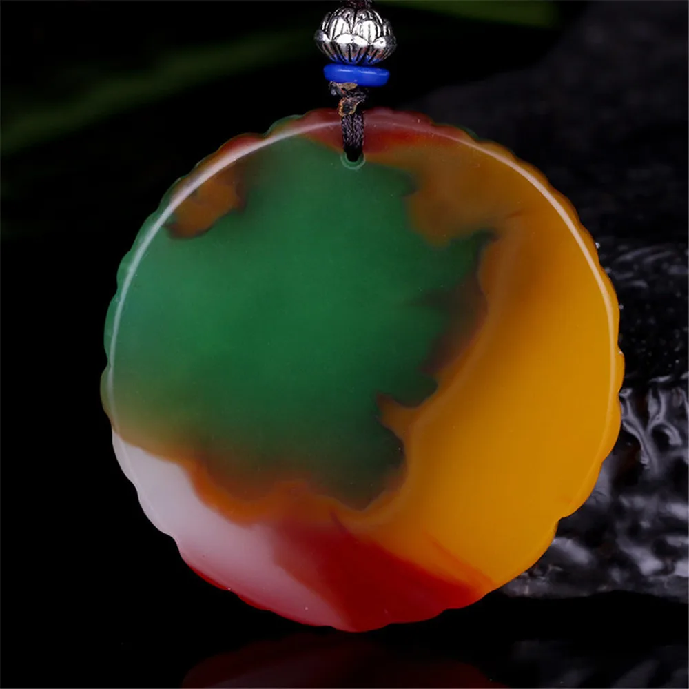 Nuevo estilo de seda de oro натуральный жадеит siete colores pollo sangre piedra suerte amuleto redondo colgante hombres y mu