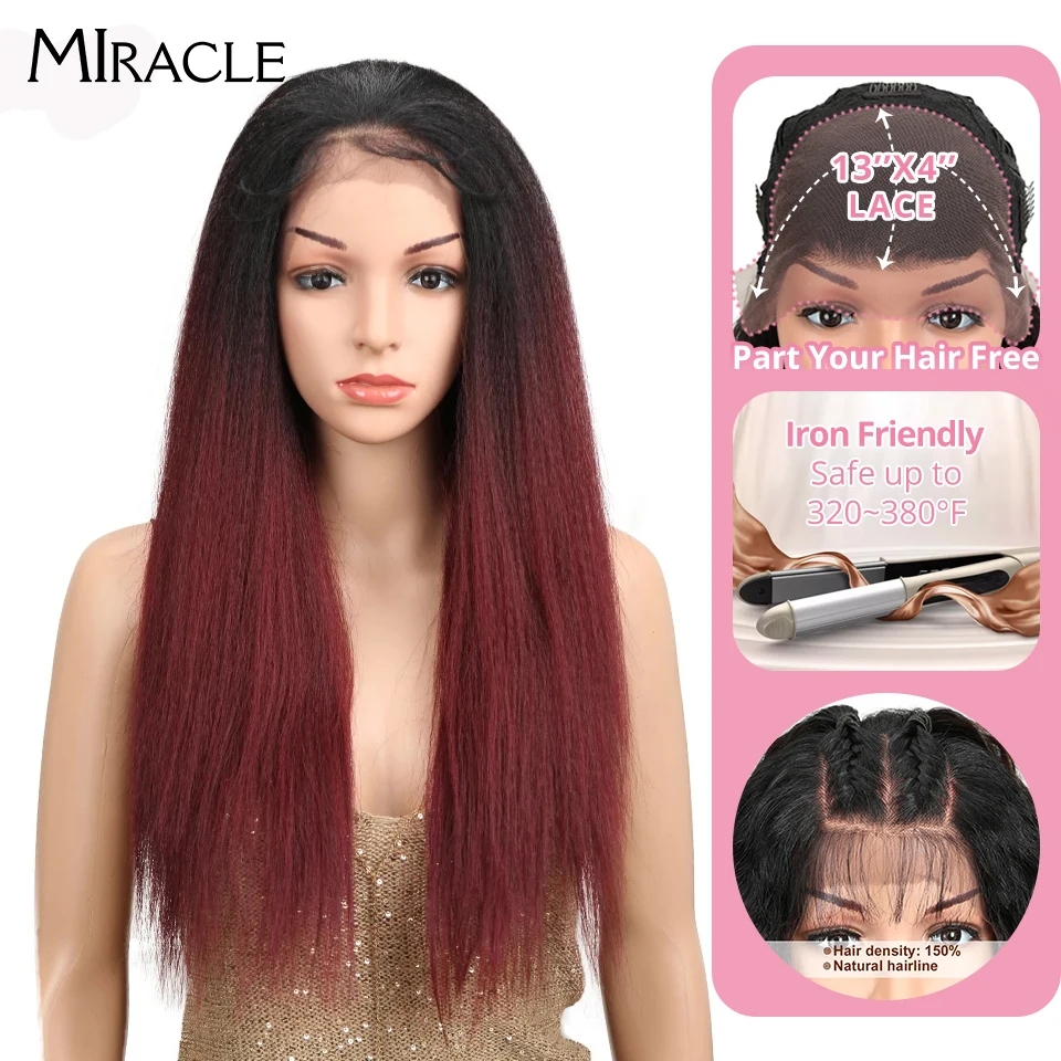 

Miracle Brown Color Yaki Straight Natural Hairline 26"Inch Heat Resistant Fiber Daily Synthetic Lace Front Wigs For Black Women