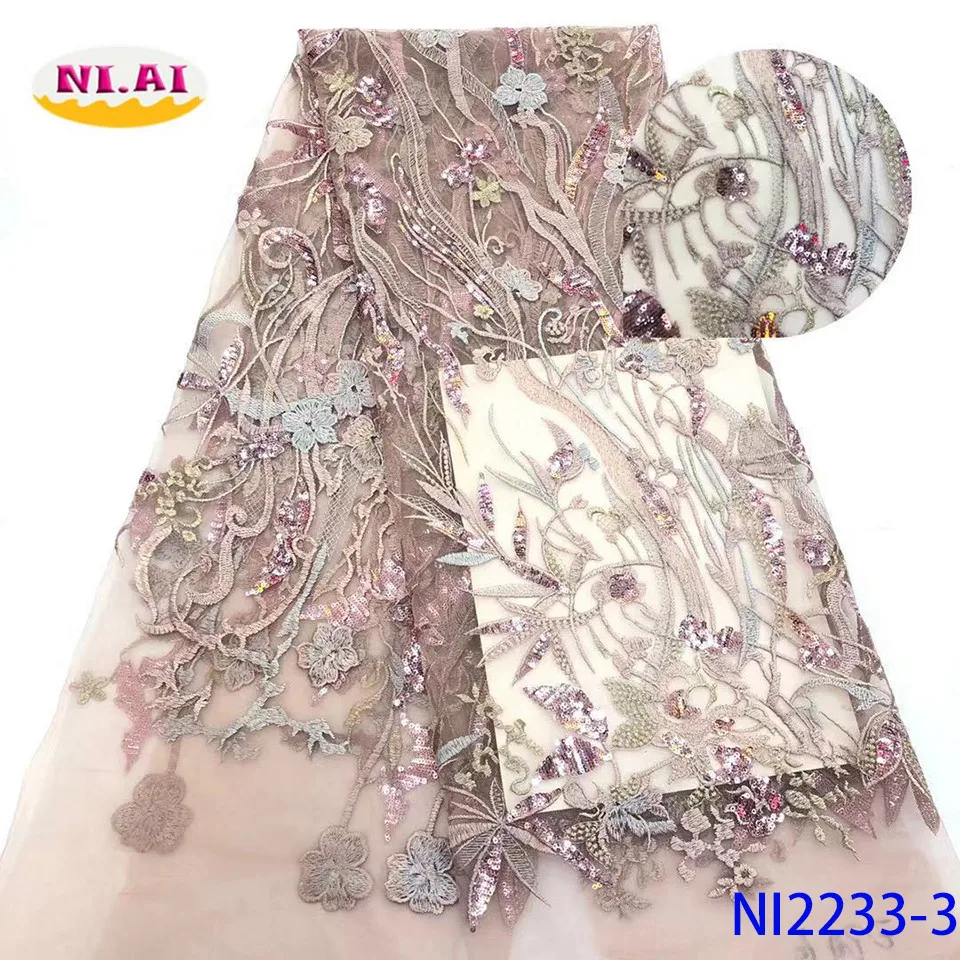 NIAI африканский тюль с блестками ткань высокое качество французское клетчатое кружево ткань нигерийское Тюлевое кружево ткани для свадьбы NI2233-3