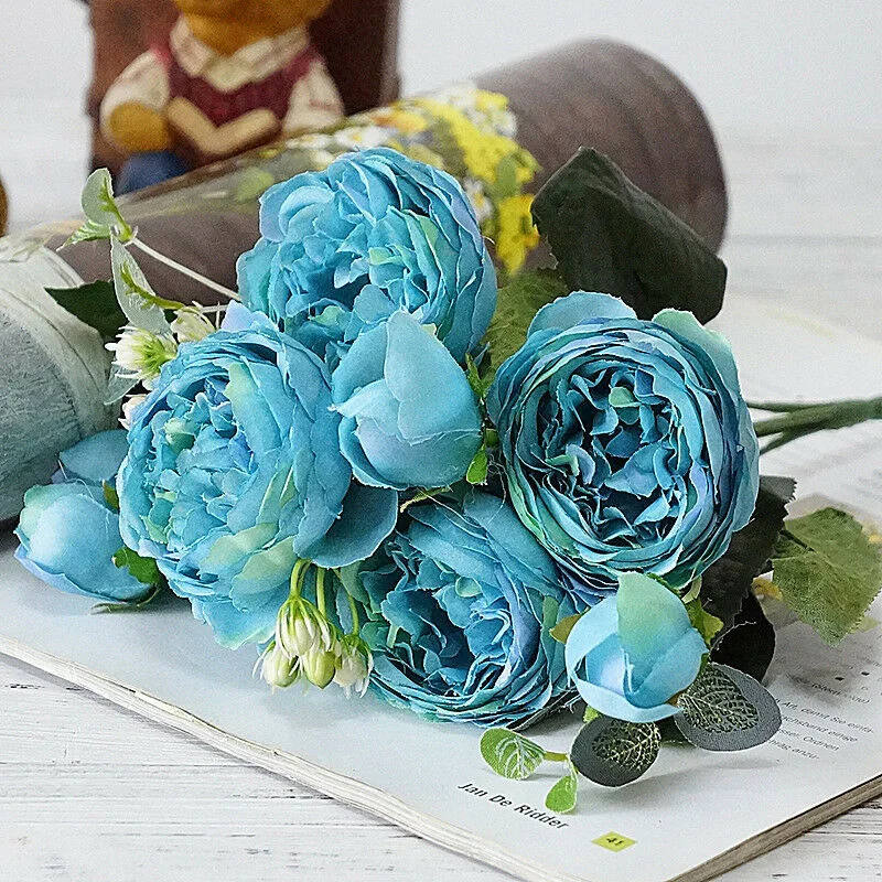 Абсолютно новые и высококачественные 9 голов розы Искусственные цветы искусственный букет Свадебные дома вечерние декоративный реквизит - Цвет: Blue
