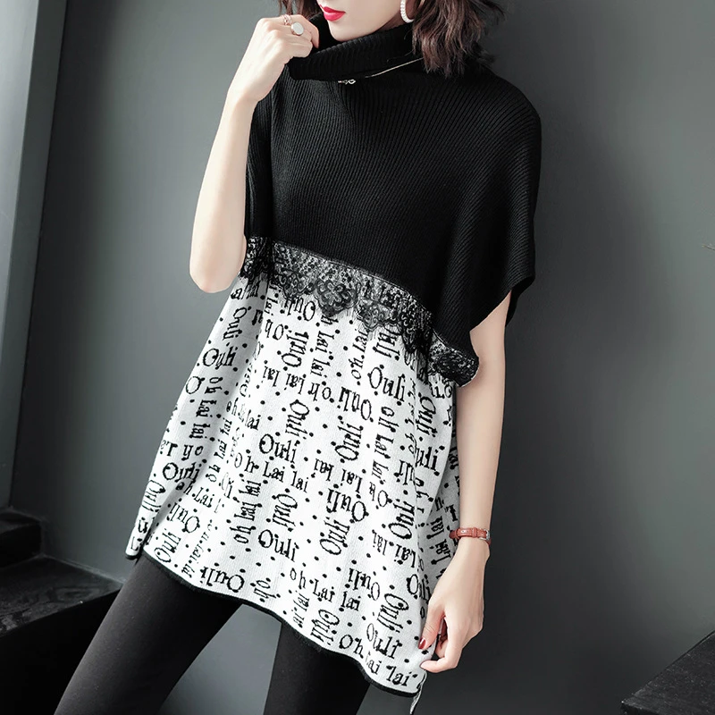 

Lace Patchwork Knitted Sweater Women Print Letter Turtleneck Short Sleeve Black Vintage Knitting Pullover Tops Fall Clothe Femme