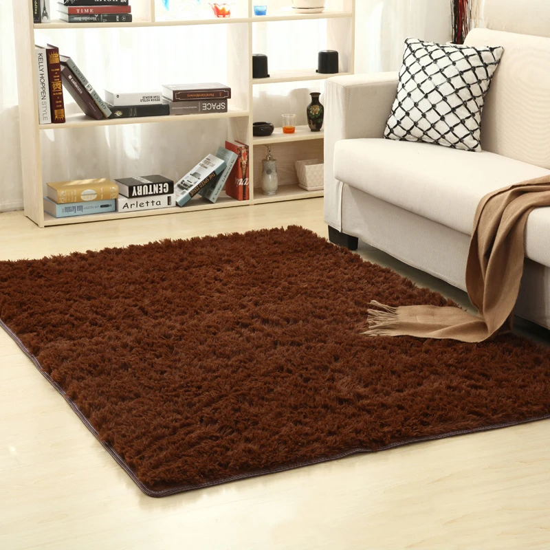 New 16 Color washed silk hair non-slip carpet living room coffee table blanket Bedroom bedside mat yoga rugs solid color plush - Color: Coffee