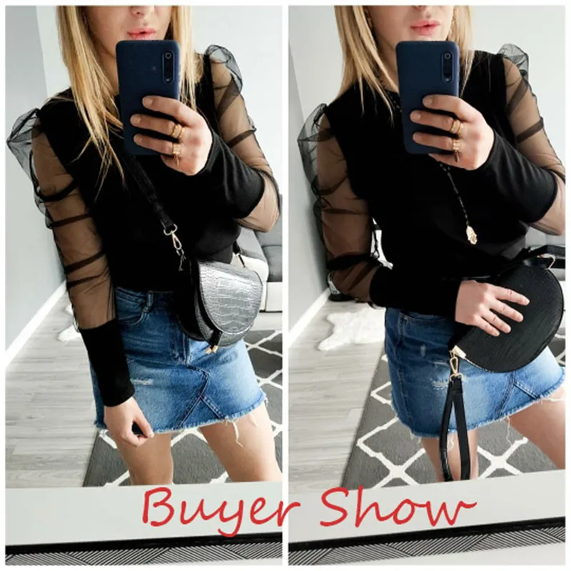 Mesh Women's Blouses Lace Puff Sleeve Fashion Elegant Shirt 2020 Autumn Spring Female Solid Pearl Beaded Tops Ladies Blouse