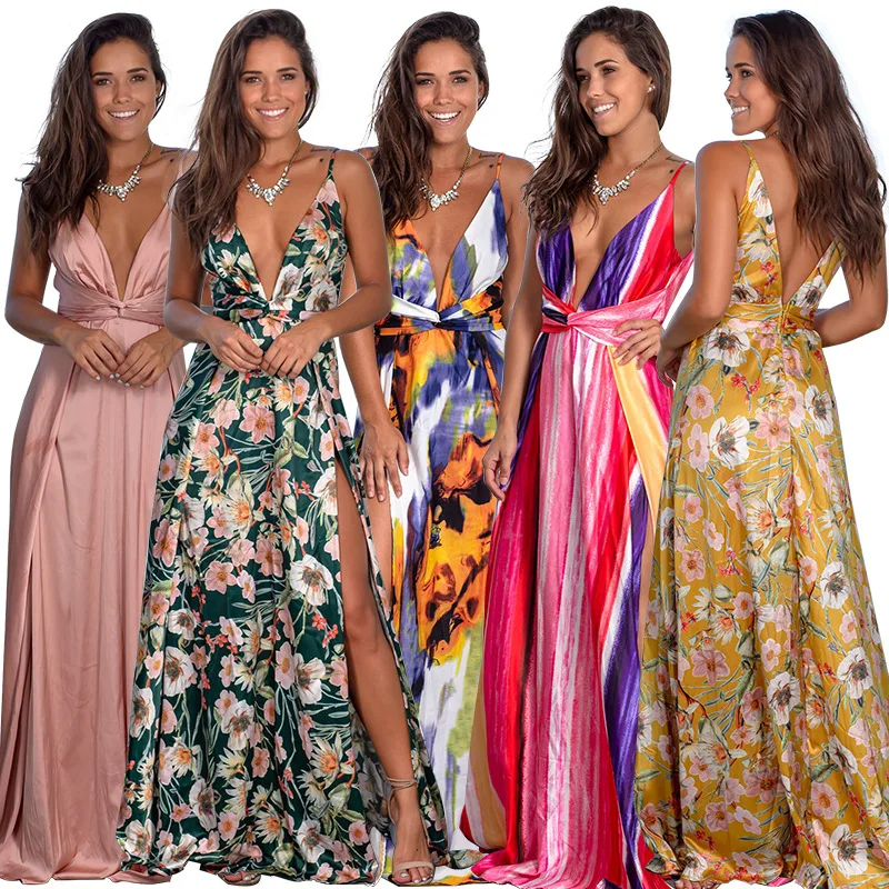 

women suit set Summer skirt sets 2020 new women's hot selling V-neck leaky back slit printed beach dress