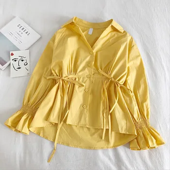 

irregular bow drawstring women shirts v-neck flare sleeved solid pleated loose office lady elegant shirts outwear tops