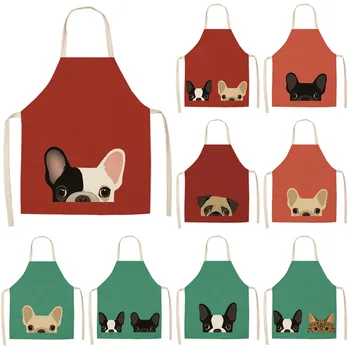 

Cute Pug Bulldog Dog Cat Printed Kitchen Aprons Cotton Linen Home Cooking Baking Coffee Shop Cleaning Accessory 53*65cm
