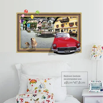 

Oujing Sk7050 3d False Window Simulation Red Sports Car Street Wall Sticker Living Room Calligraphy Background Decoration