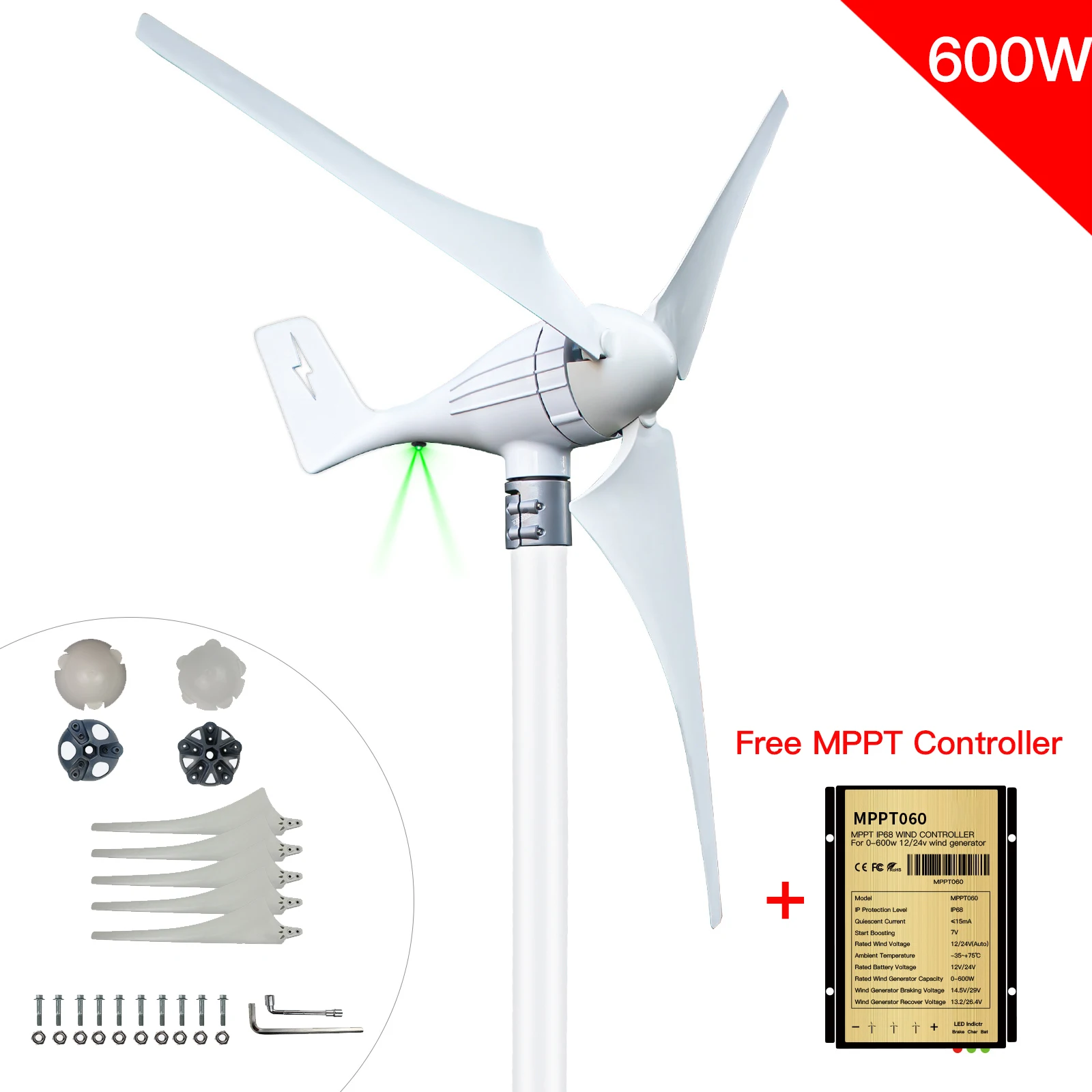 generador de viento para turbina con controlador Eólico blanco 600 W 24 V Turbina Eólica vertical con 5 aspas de fibra de nailon
