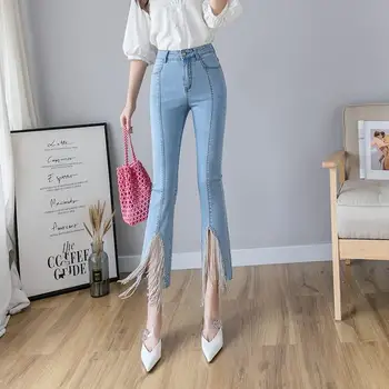 

Women High Waist Beads Tassel Skinny Jeans Beading Solid Elastic Waist Slim Flare Pants Casual Street Denim Trousers
