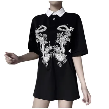 Top New Fashion Summer Streetwear Blouse Women Casual Chinese Dragon Print Gothic Short Sleeve Loose Long T-shirt Blouses #LR4