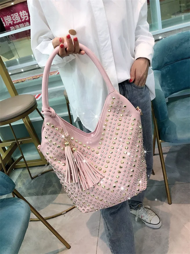 Роскошные Стразы, женская сумка, новинка, модная сумка с кисточками, бриллиантовая Большая вместительная сумка, сумка на плечо, Женская Повседневная сумка-мессенджер - Цвет: Розовый