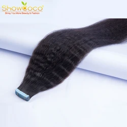 ShowCoco Kinky Straight Tape in Human Hair Extensions For African American Woman100% Human Hair Virgin Remy Natural Color 16-24”