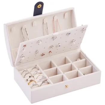 

Simple Necklace Earrings Ring Double Layer Multi-Grid Jewelry Box Portable PU Multifunctional Jewelry Storage Box Solid Color