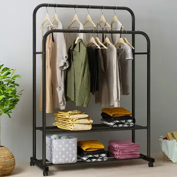 

Coat Rack Rolling Clothing Garment Closet Organizer Clothes Hanging Storage Shelf Wheels Bedroom Living Room Furniture Black