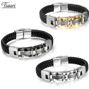 

Tiasri Men's Bracelet Friends Gift Wholesale Steampunk Stainless Steel Jewelry Fashion Leather Friendship Bracelets Handmade