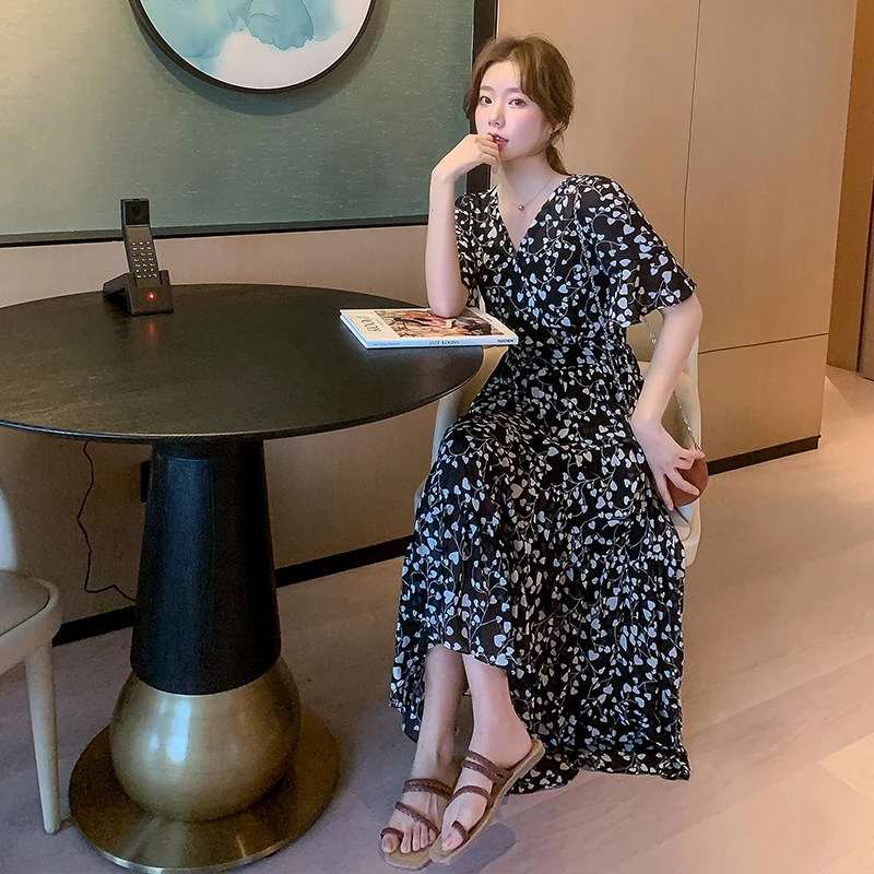 Tonglord Women Chiffon Dress 2020 Summer New Female Short Sleeve V-neck Printed Casual Long Dresses Elegant A-line Vestidos