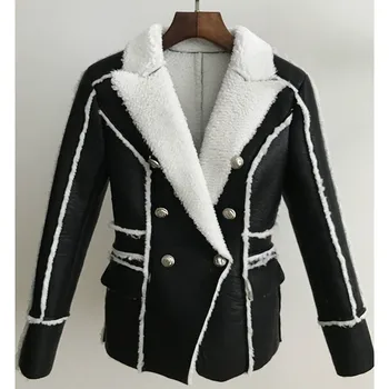 

Winter Blazer Women High Quality Pu Leather Double Breasted Slim-Fit Fur Suit Leather Jacket Ladies Office Wear Small Coat