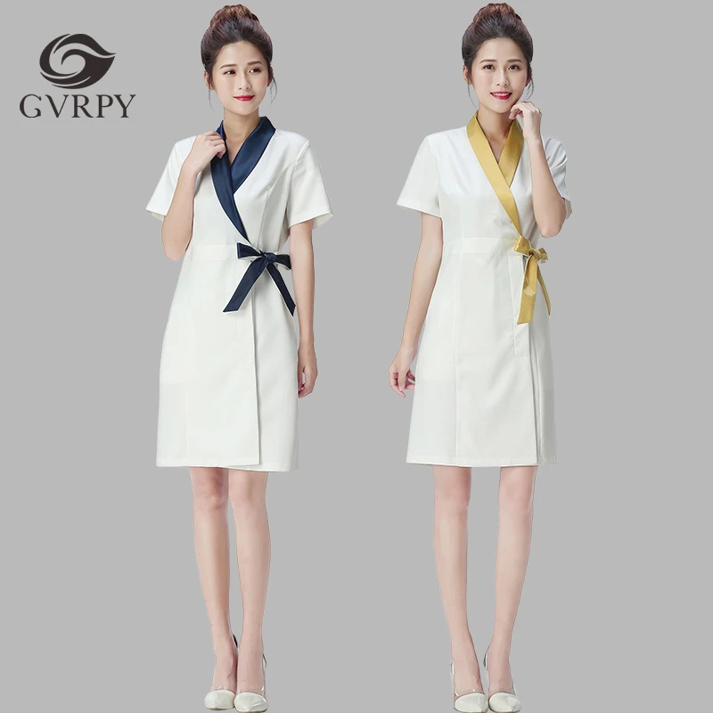 

Beautician Work Uniforms Short Sleeve Women Bow-knot Slim Fit Dress Summer Beauty Salon SPA Senior Technician Nurse Work Coat