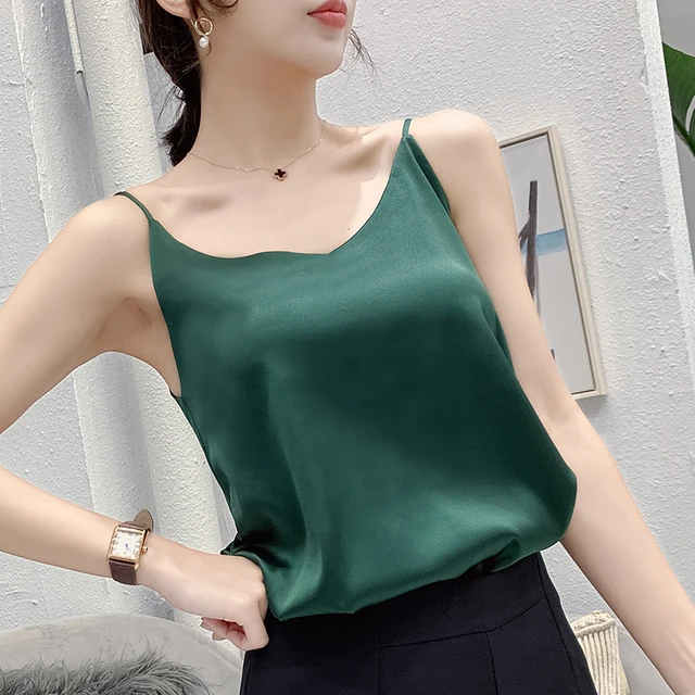 2022 Summer Silk Camis V-Neck Basic Top Women Basic Tank Tops Woman Sleeveless Vest White Satin Corset Top Female Girls Clothing Green