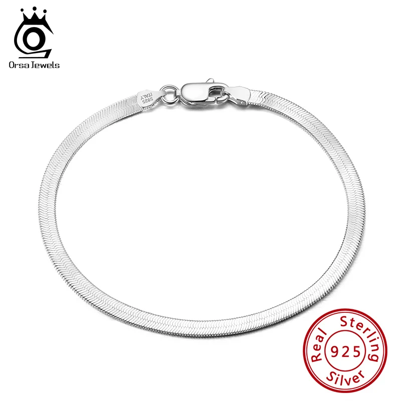 ORSA JEWELS Italian Solid 925 Sterling Silver Bracelet for Man Flexible Flat Herringbone Women Chain Bracelet Jewelry SB107