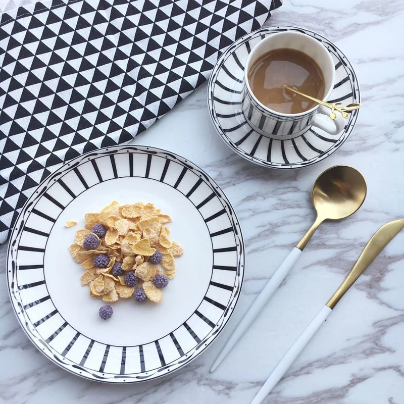 

D Family Same Bone China Plate Western Food Plate Black and White Stripe Coffee Cup Breakfast Plate Simple Coffee Cup Set