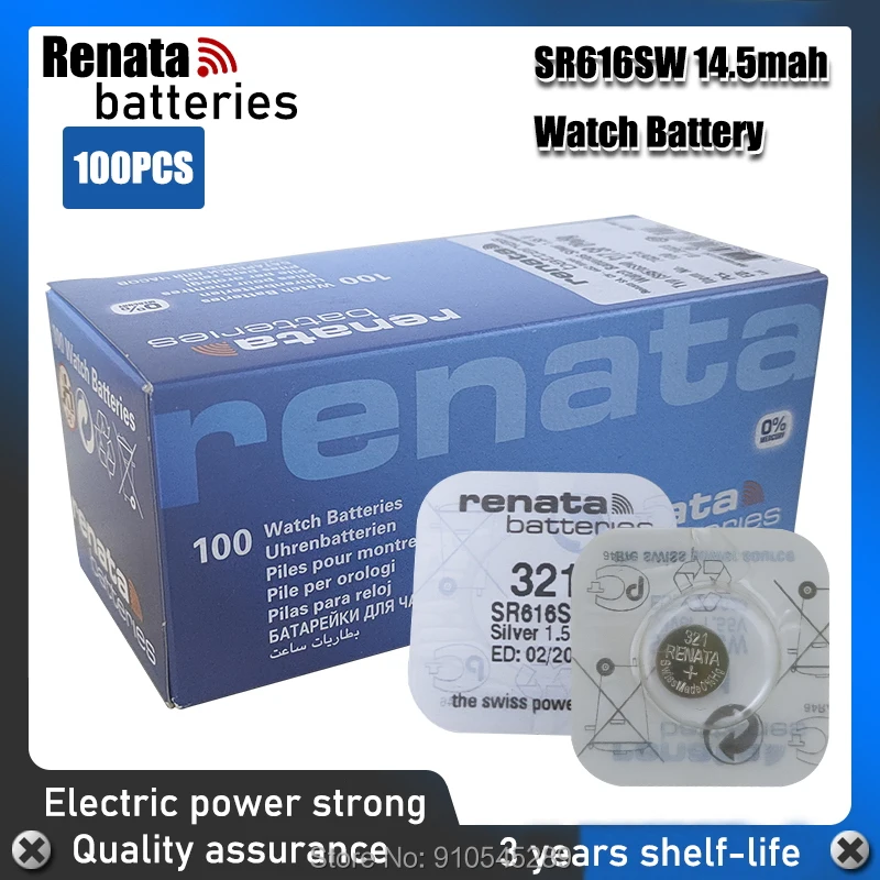100 x Renata 321 Uhrenbatterien 1,55 V SR616SW SR65 Knopfzelle RW 321 14,5mAh 