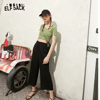 

ELFSACK Black Solid Straight Wide Leg Women Casual Pants 2020 Spring Pink Pure Elastic Waist Korean Apricot Ladies Daily Trouser