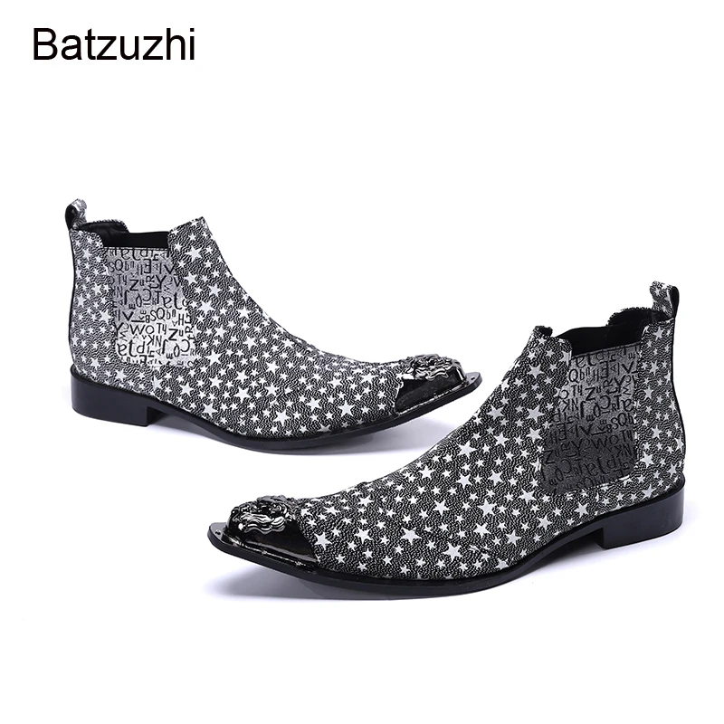 

Batzuzhi индивидуальные мужские ботильоны Drak серые со звездами кожаные ботильоны для мужчин без шнуровки мотоциклетные/вечерние ботинки, EU38-46