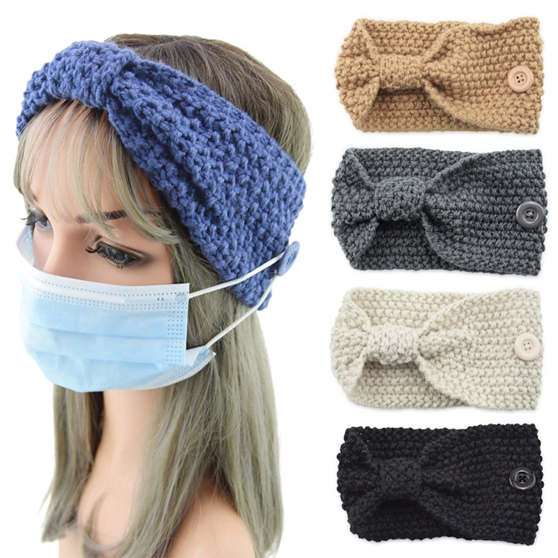 

Knitted Wool Headbands Women Headband with Button Solid Color Bow Crochet Head Wrap Elastic Hair Band Handmade Hair Accessories