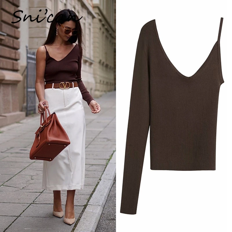 Snican solid women sweater v neck long sleeve one shoulder sexy autumn ladies pullover za 2020 winter pull femme hiver | Женская одежда