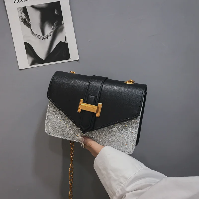 

Hong Kong Style Retro Bag Women's 2020 New Style Fashion Korean-style Versatile Messenger Bag Fashion Sequin Contrast Color Squa