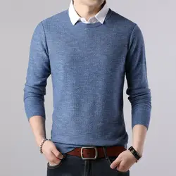 YUSHU высокое качество макет-шеи шерстяной свитер осень зима мужской вязаный пуловер сплошной цвет тонкие мужские свитера