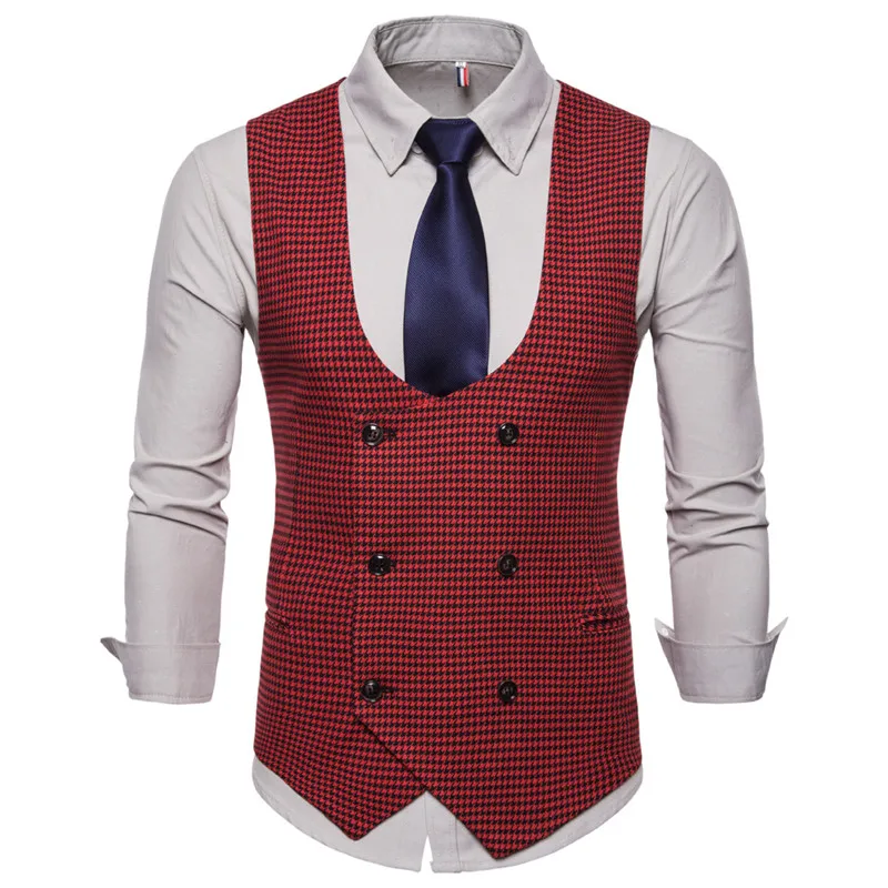 

Spring Autumn Man's Vest Vintage Waistcoat Men Suit Vest U-shaped Collar Houndstooth Men's Casual Vest Male Clothing