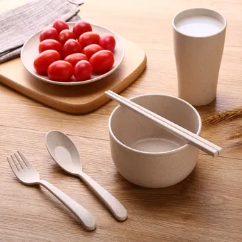 

Degradable Wheat Straw Bowl Set Baby Dinner Bowl Children Simple Tableware Set Kid Dinner Plate Baby Training Bowl Spoon Fork