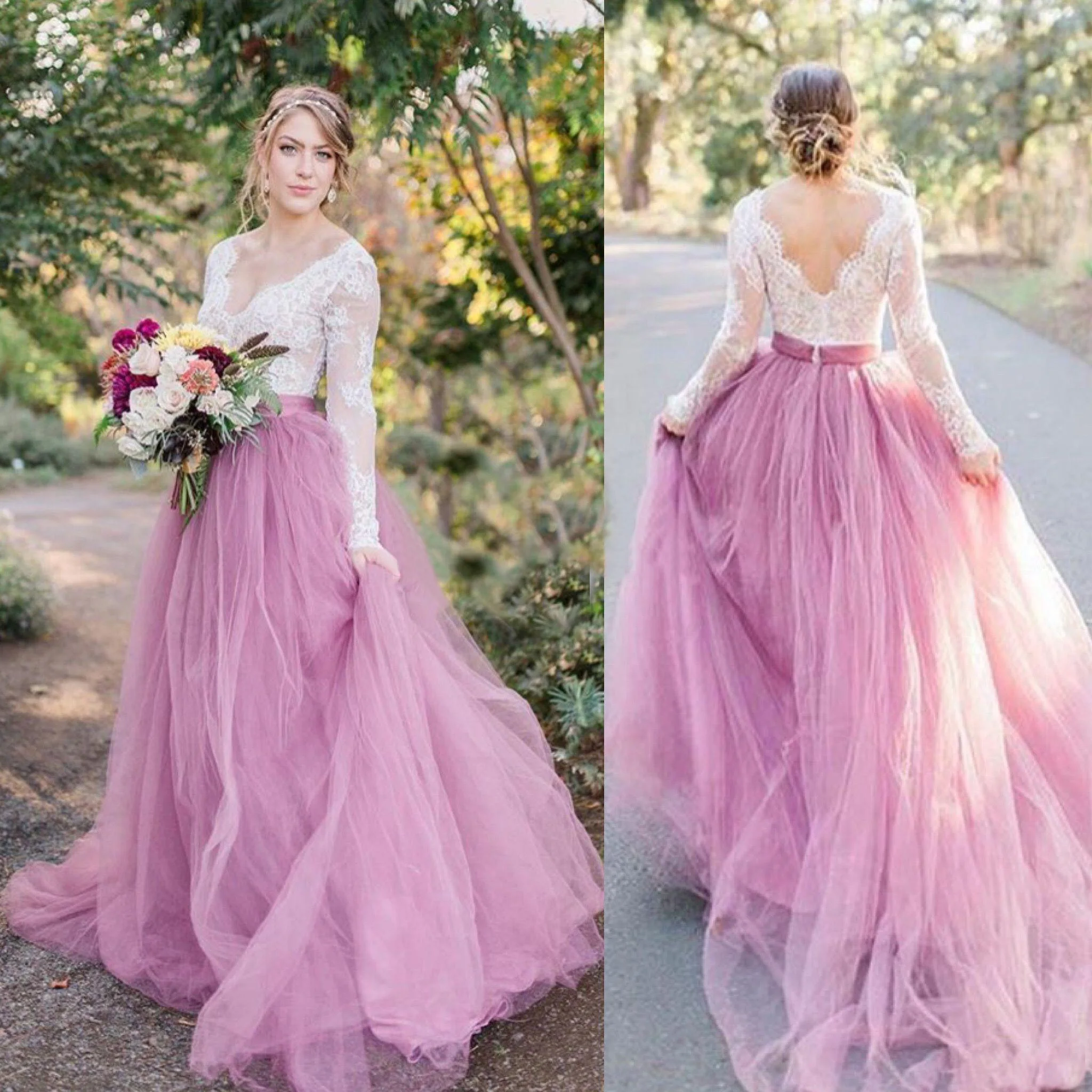 V-hals Kant Trouwjurk Roze Rok Lange Mouwen Bruidsjurken Vestido de Noiva Robe de Mariee Vintage Bruidsjurken V-hals Kant Trouwjurk Roze Rok Lange Mouwen Bruidsjurken Vestido de Noiva Robe de Mariee Vintage Bruidsjurken