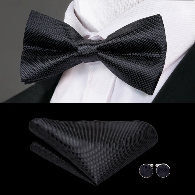 Hi-Tie Classic Black Bow Ties for Men 100% Silk Butterfly Pre-Tied Bow Tie Pocket Square Cufflinks Suit Set Floral Gold Bowties LH-772