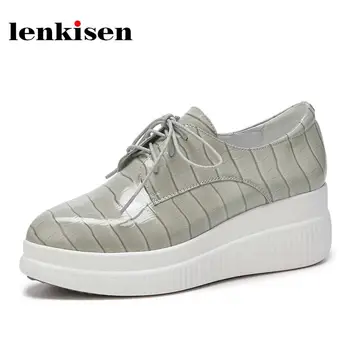 

Lenkisen hot veins genuine leather pointed toe high heels thick bottom bowtie high quality lace up wedges fashion vulcanize L3f2