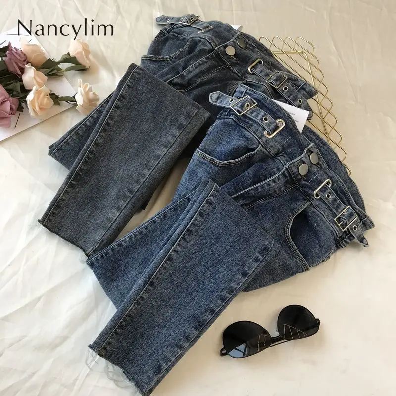 

New Stretch Jeans Women's Slim Elastic Side Button Jeans with High Waist Buckle Pencil Pants Girla Ladies Skinny Pants Blue