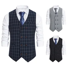 LUCLESAM – gilet à carreaux Double boutonnage pour homme, décontracté, Vintage, Business, col en V 