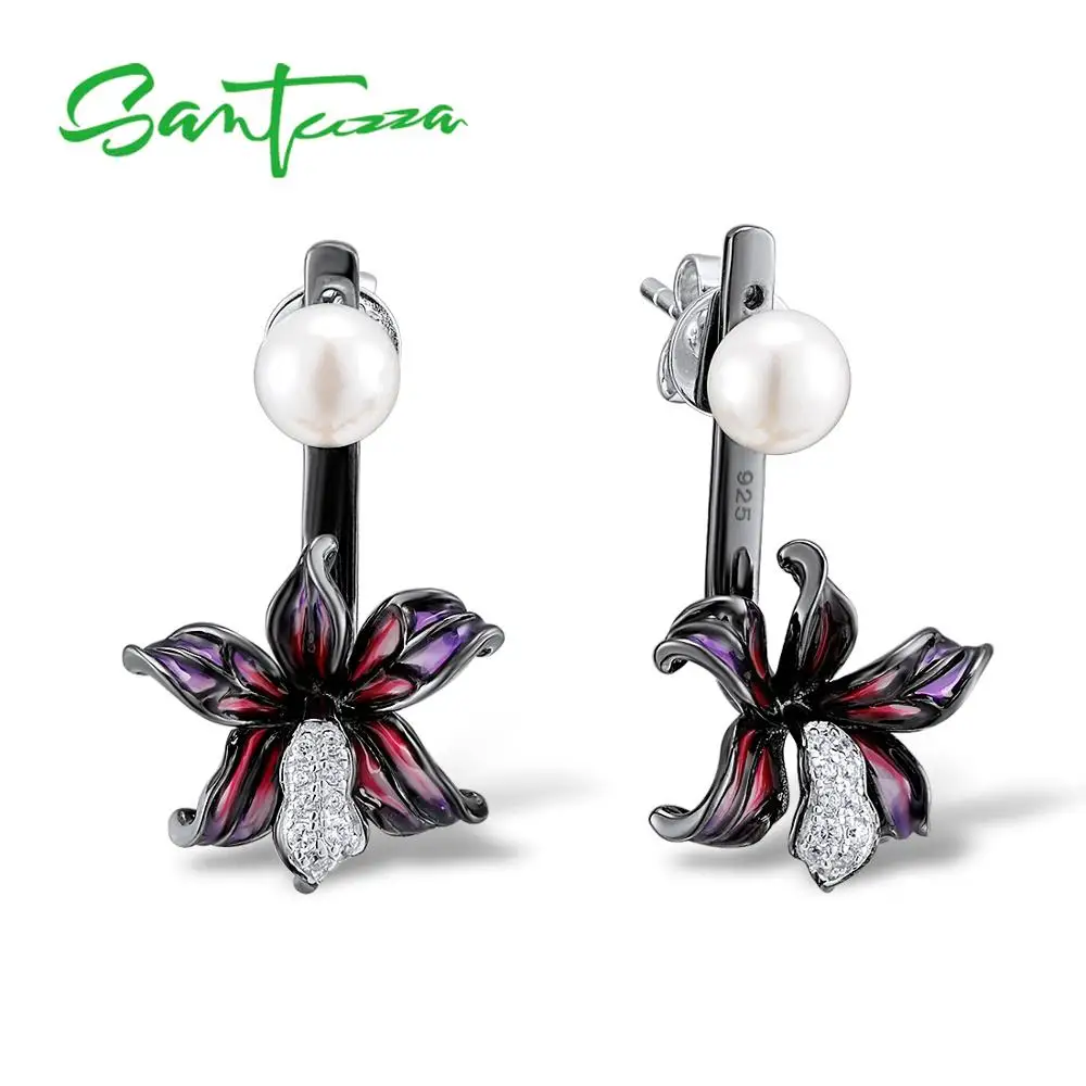 

SANTUZZA Earrings Jewelry Earrings Girls 925 Sterling Silver For Women Fresh Water White Pearl Flower Enamel Fine Jewelry