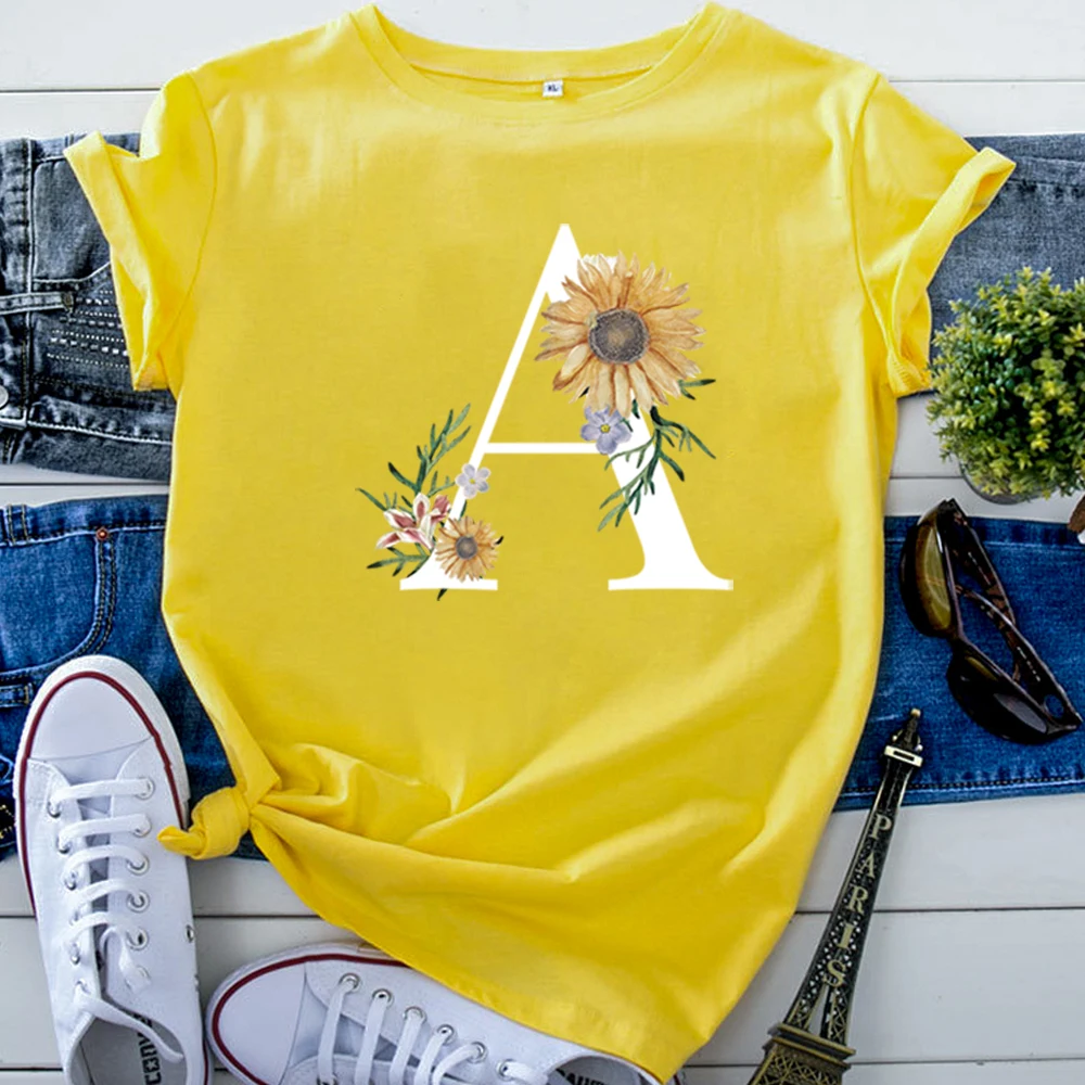T-Shirts Letter A Chrysanthemum Pattern Printing Women'S T Shirt Kawaii Fashion Tshirt For Woman Korean Style Oversized Tops