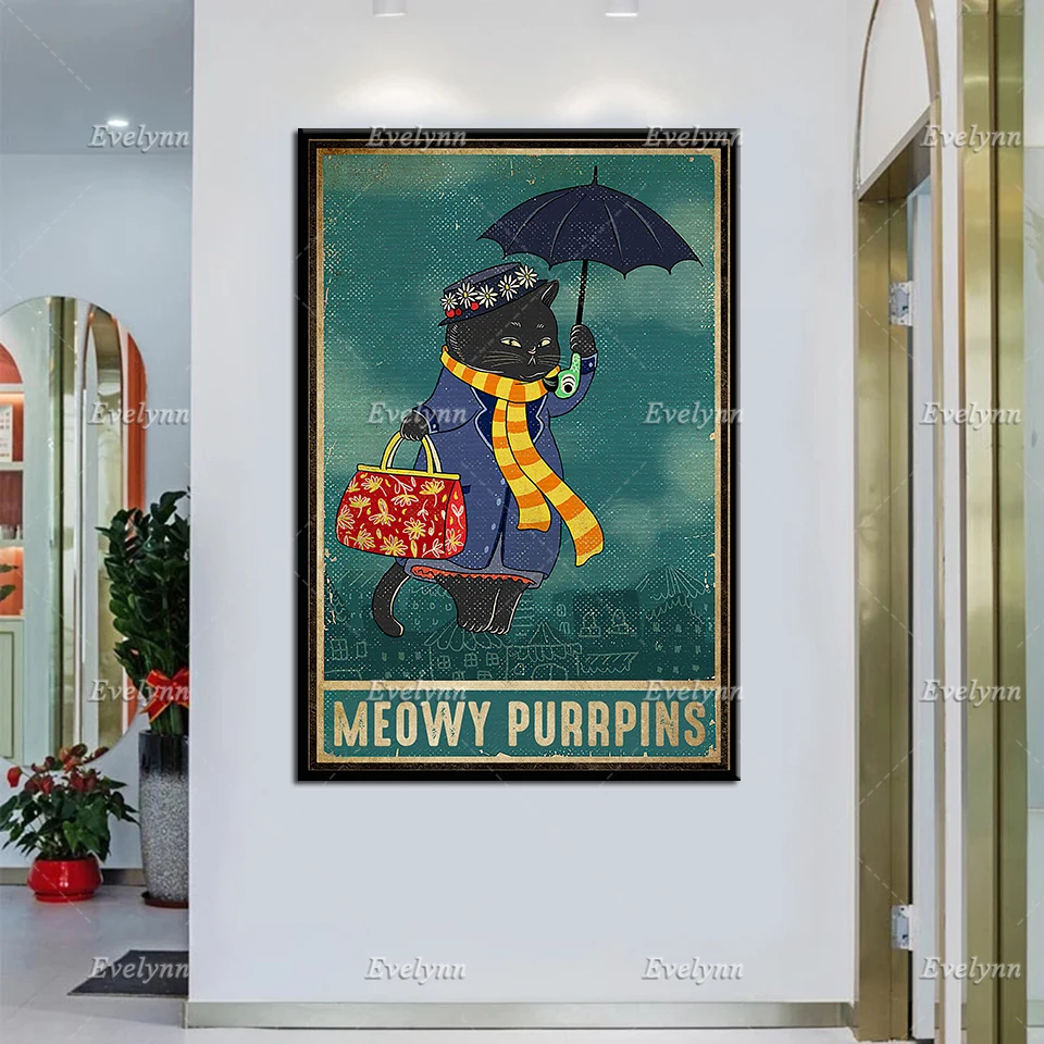 Black Cat Lovers Meowy Purrpins Divertente T Shirt Mary Poppin Retro Poster Wall Art Prints Home Decor Canvas Unique Gift