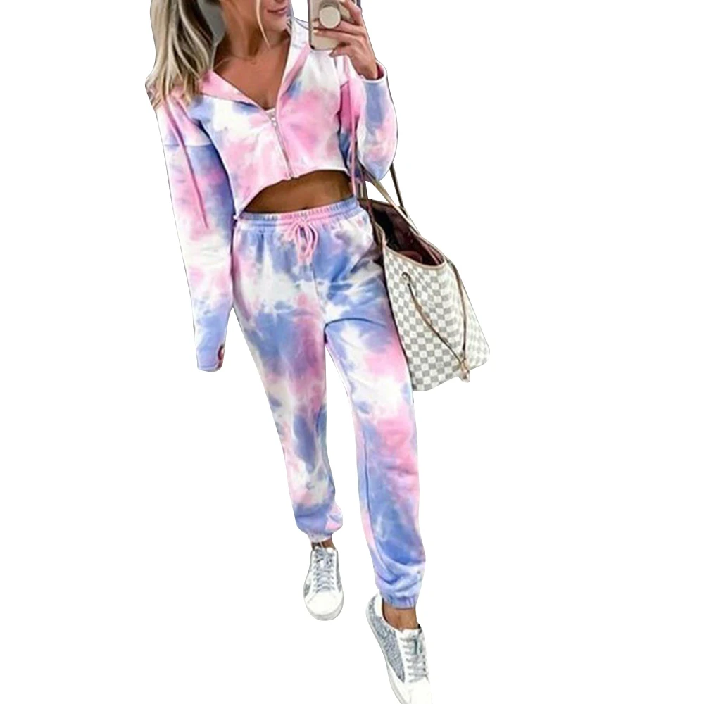 

Women Tie dye print zipper hoodie tops bottom jogger sweatpant suit sport matching set Fitness Sporty Workout Activewear Outfit