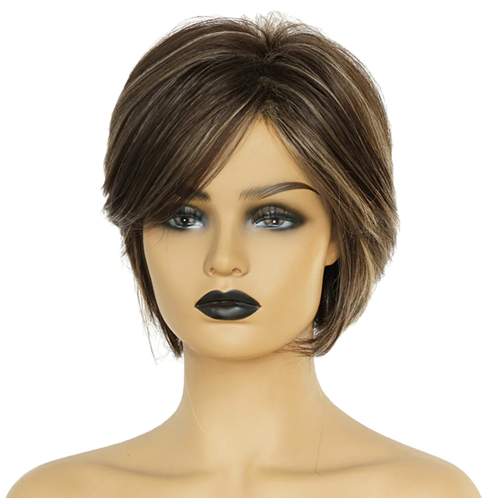 Chic Short Straight Pixie Cut Full Hair Wig Natural Human Hair Wigs w/ Bangs For Fashion Women Cosplay Costume Wig