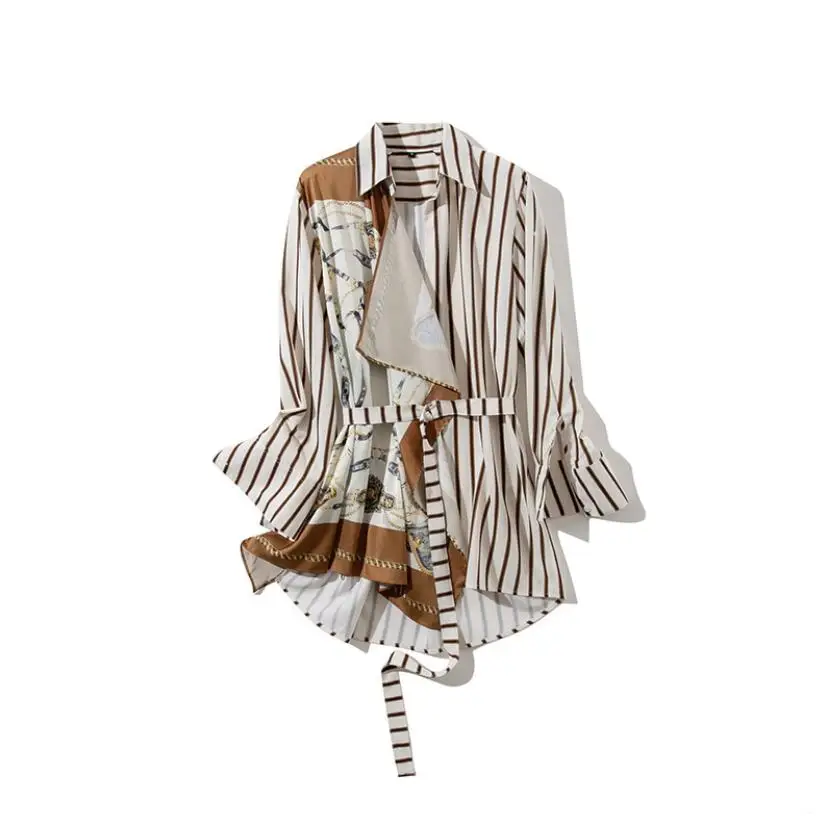 

Women Chain Printing Splicing Striped Shirt Leisure Lady Long Sleeve Asymmetric Blouse 2019 Autumn Female Loose Tops
