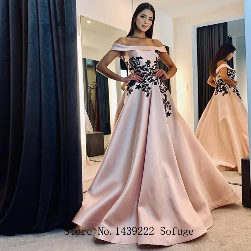 

Sofuge Pink Satin Evening Dresses Prom Off The Shoulder Appliques Evening Gown Vestidos De Fiesta Robe De Soiree Plus Size